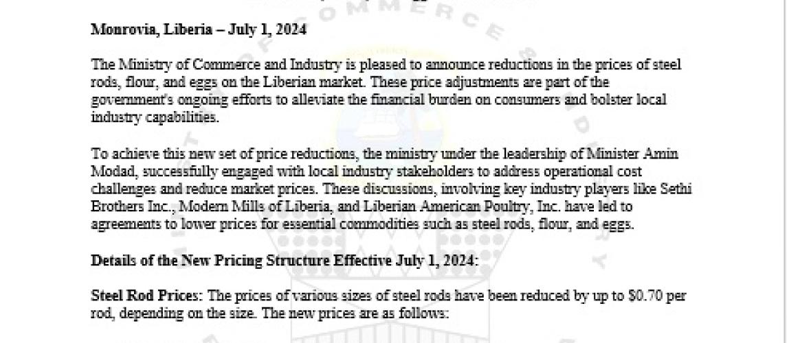 Reductions in the Prices of Steel Rods, Flour, and Eggs on the Market