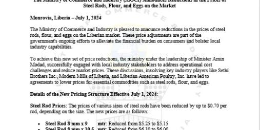 Reductions in the Prices of Steel Rods, Flour, and Eggs on the Market