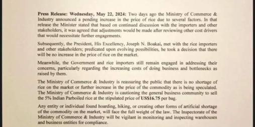 Press Release on Price Rice